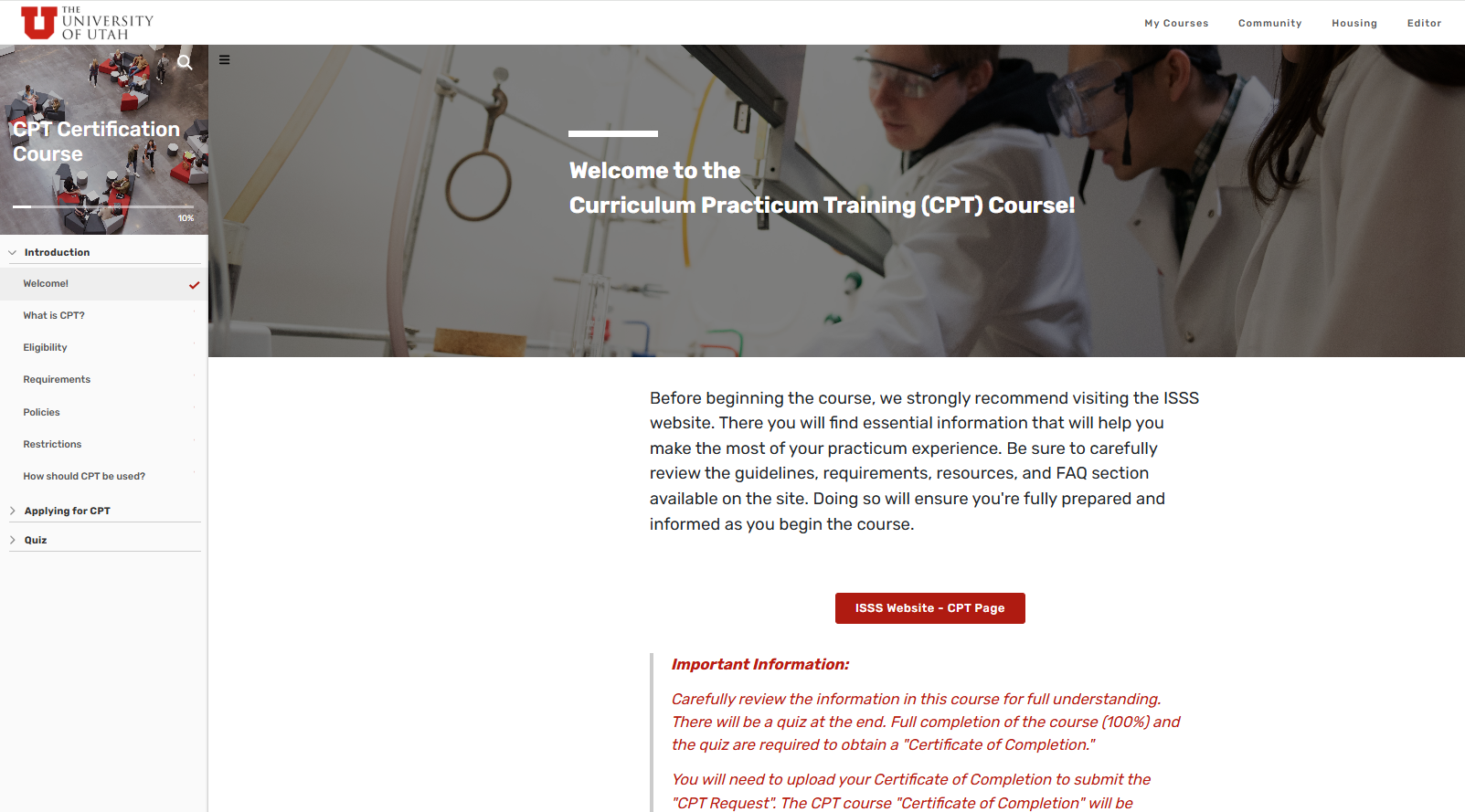 Image: Screenshot of webpage that showcases CPT course homepage