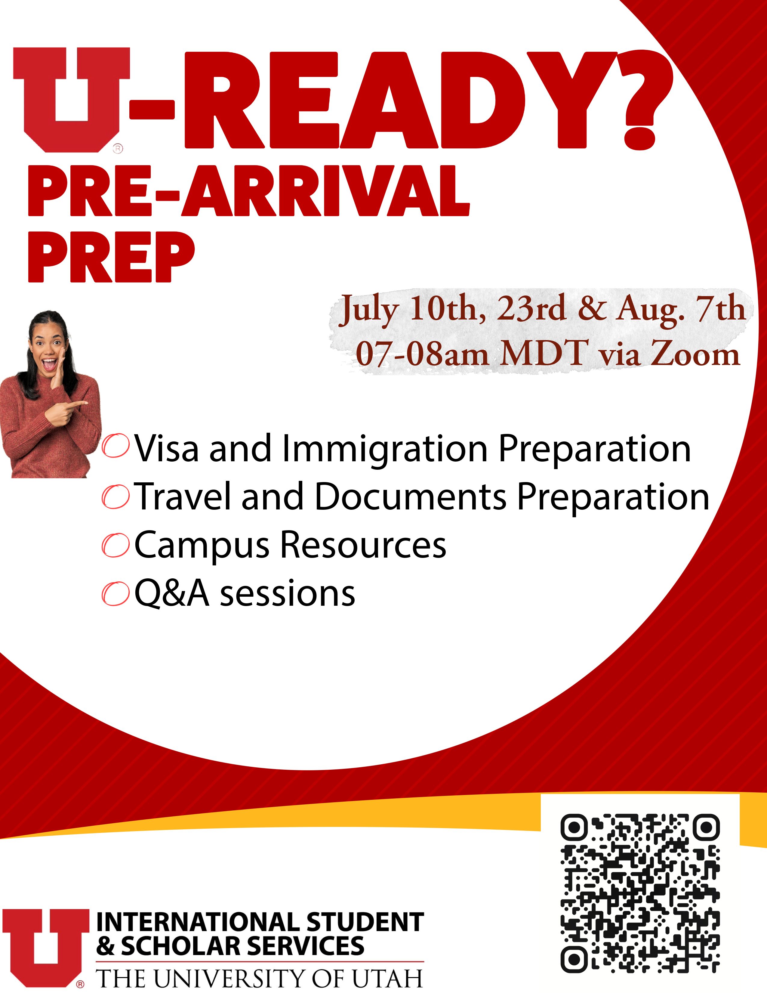 u-ready-pre-arrival-prep-flyer-july-10th-23rd-aug-7th-lady-with-a-smile-pointing-to-details-of -visa-immigration-travel-preparation